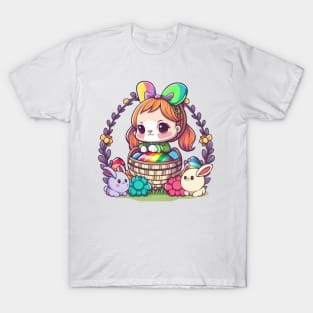 Cute Easter Bunny Girl In Basket. Spring Rainbow Flowers and Easter Eggs T-Shirt